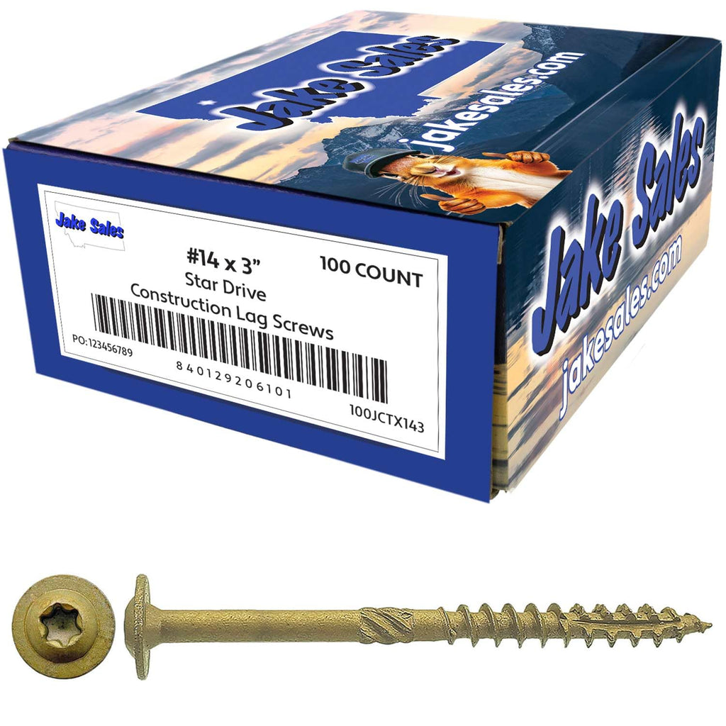 Jake Sales #14 x 3 Construction Lag Screw - Torx/Star Drive Heavy Duty Structural Lag Screw - Exterior Coated - ACQ Compatible - Modified Truss Washer Head. (10 x 100 Count CASE -1,000 Screws)