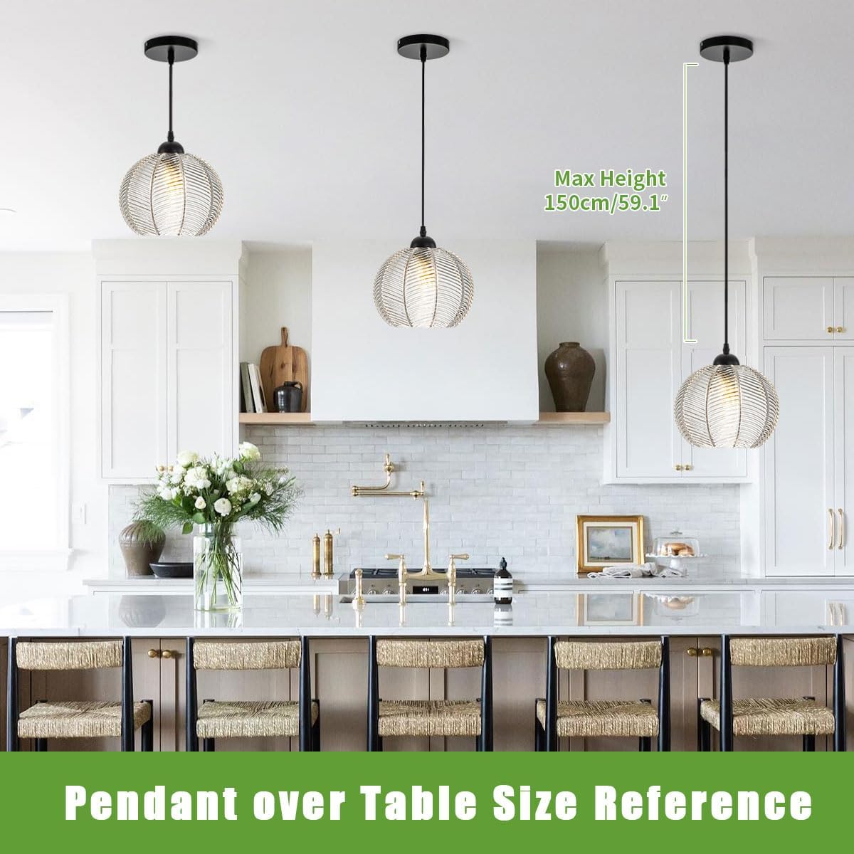 Globe Glass Pendant Light Ribbed Glass Mid Century Hanging Light for Kitchen Island Pumpkin Globe Design Adjustable Height Modern Pendant Lamp for Dining Room Bedroom Clear