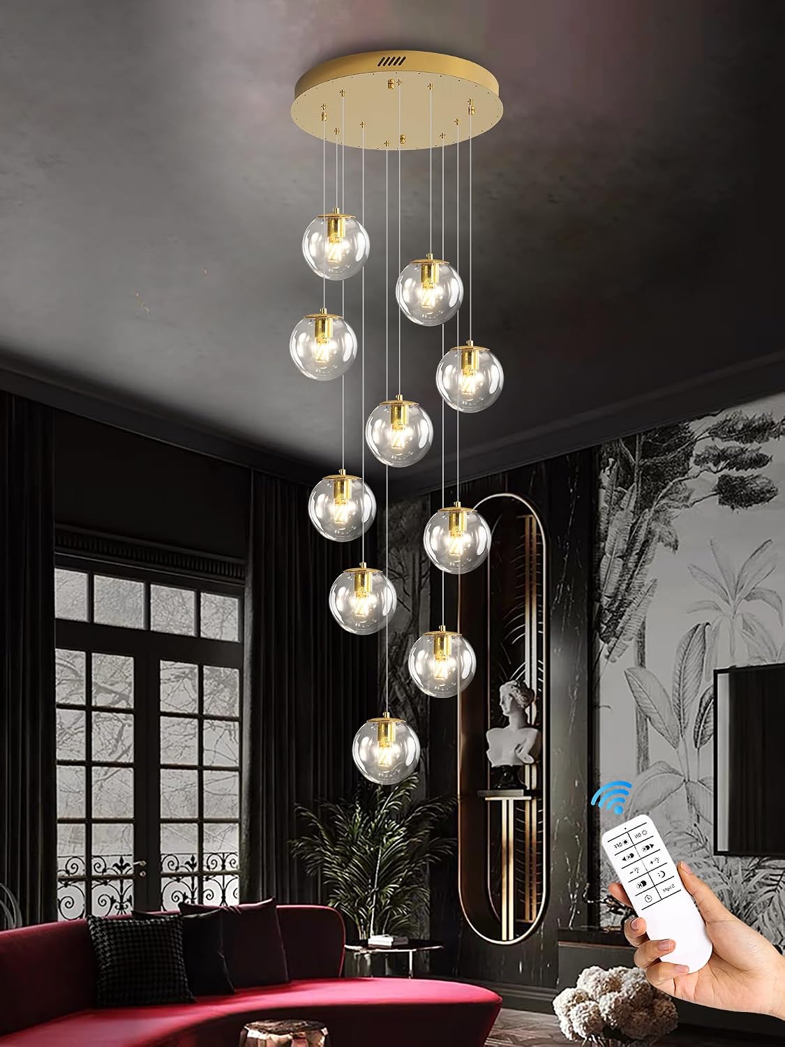 ykolupty 10-Light LED Staircase Modern Glass Globe Pendant Light Gold Chandeliers Large Chandeliers for High Ceilings, Entryway Lighting Fixture Villas and Stairs