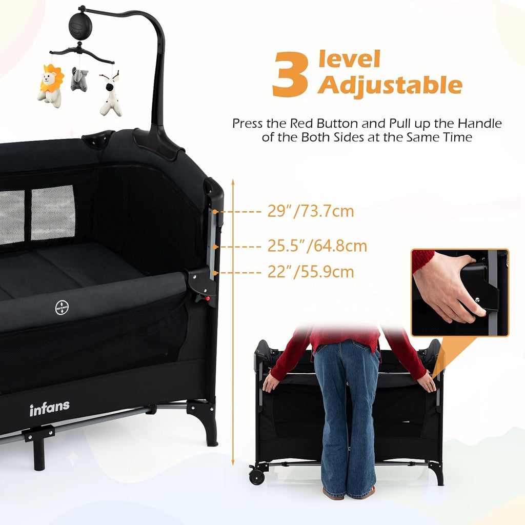 INFANS 4 in 1 Baby Bassinet, Converts Pack and Play to Portable Bedside Crib Sleeper with Diaper Changer, Mattress, Carry Bag, Music Box, Hanging Toys for Infants Toddlers (Black)