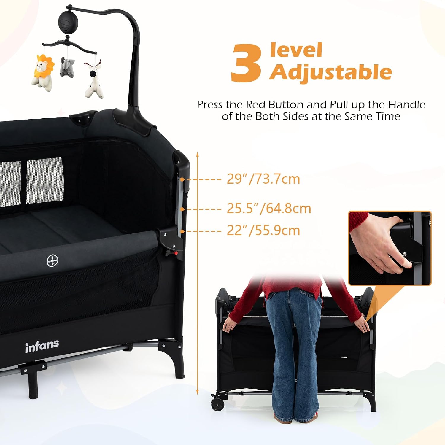 INFANS 4 in 1 Baby Bassinet, Converts Pack and Play to Portable Bedside Crib Sleeper with Diaper Changer, Mattress, Carry Bag, Music Box, Hanging Toys for Infants Toddlers (Black)