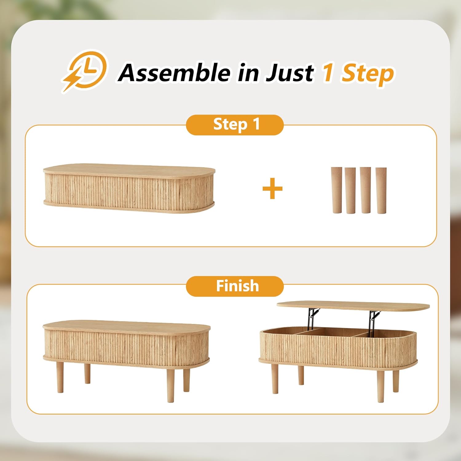 Fully Assembled Fluted Lift Top Coffee Table with Hidden Compartment, Wooden Center Table, Modern Oval Lift Tabletop for Home Living Room Office, Natural