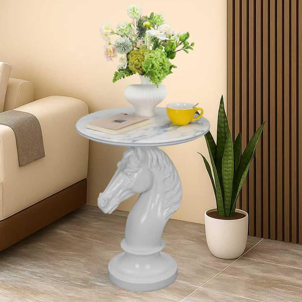 Sculptural Horse Head Side Table, Artistic Stallion End Table with Faux Marble Top, Modern Accent Table for Living Room, Unique Home Decor Gift for Housewarming, 19.69' W x 24.8' H