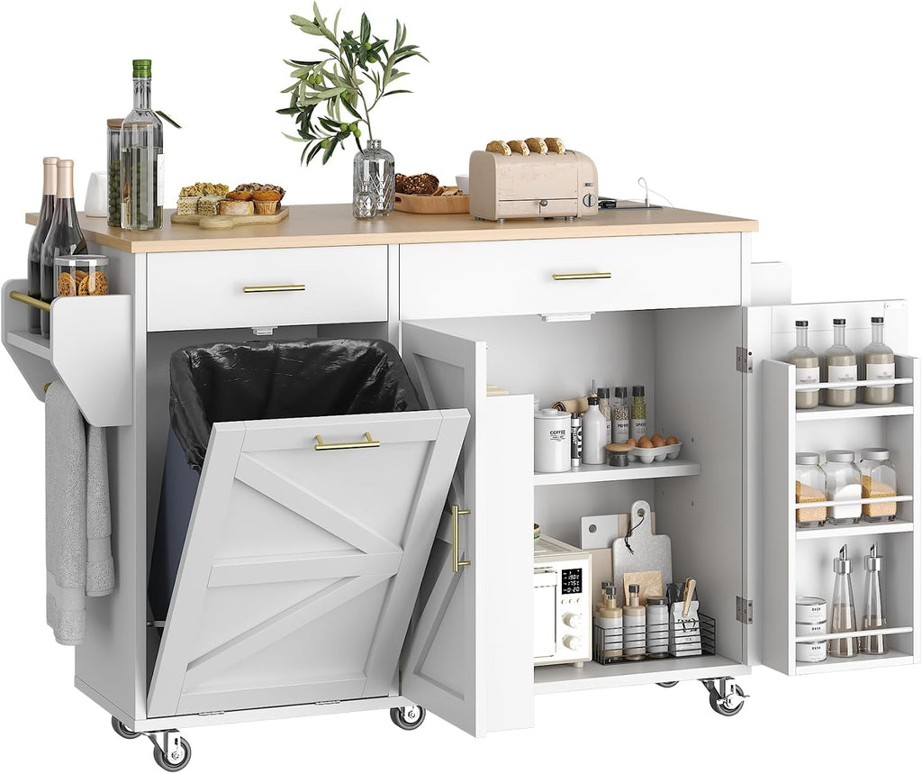 VVFLU 51.8' Kitchen Island Cart with Trash Can Storage, Kitchen Island on Wheels with Power Outlet & Drop Leaf, Rolling Kitchen Cart with Towel Rack & Spice Rack, Mobile Islands Table for Kitchen
