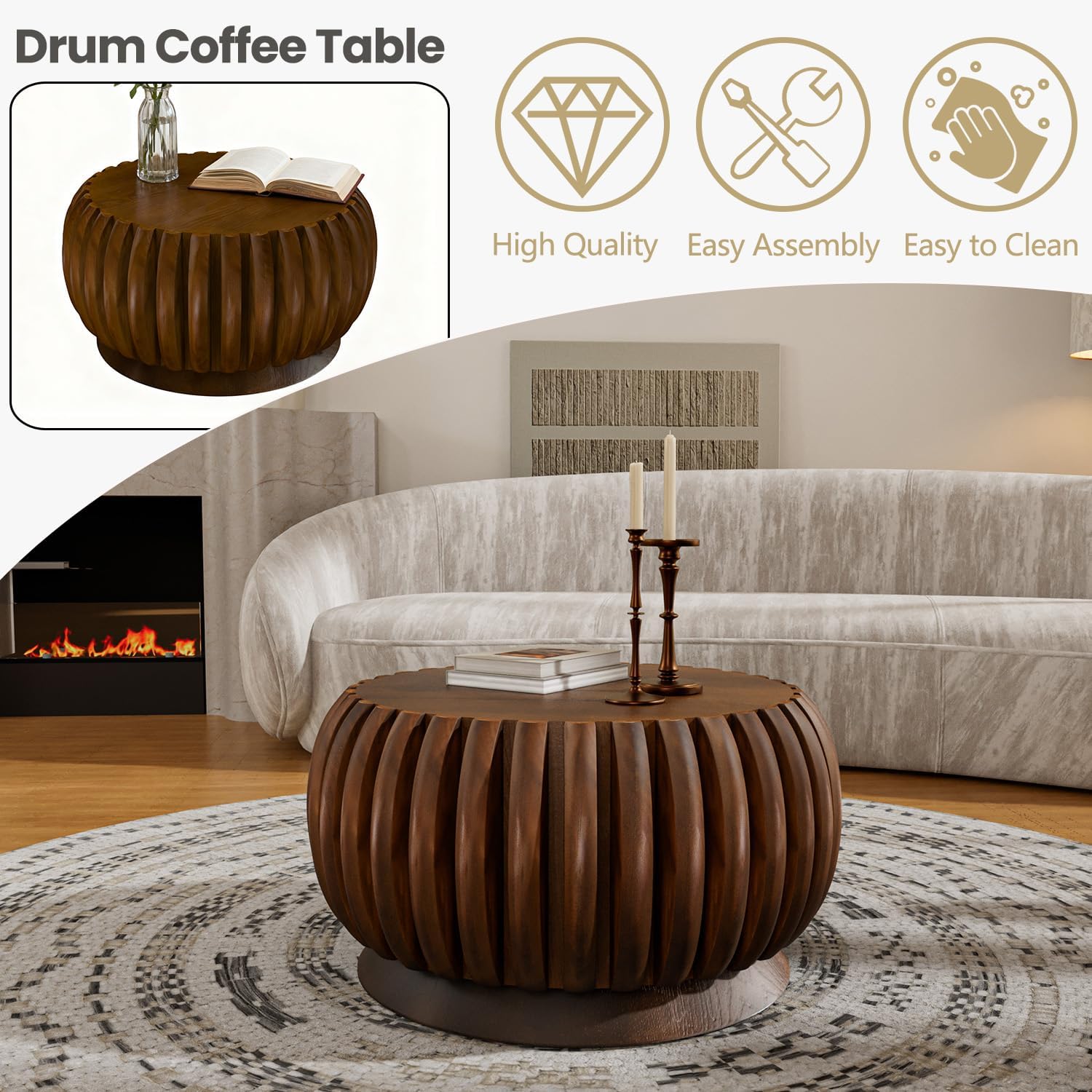 Modern Wood Fluted Round Coffee Table - Handcraft Drum Coffee Tables with Sturdy Base, Contemporary Style Small Circle Coffee Table Tea Table for Living Room,Office - Easy Assembly (Walnut 26.37')