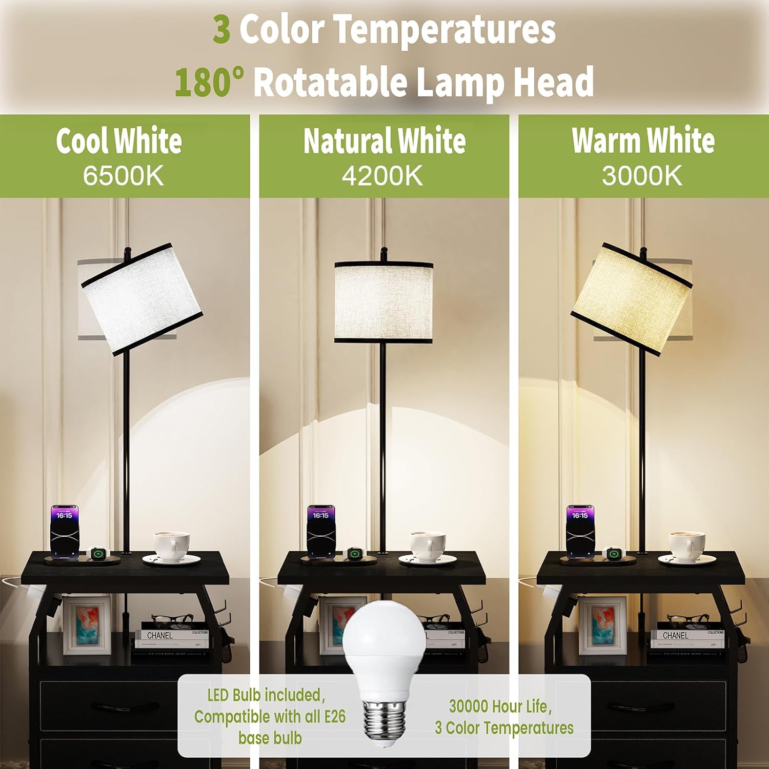 runjuly Floor Lamp with Table Set of 2, End Tables with Lamps Attached 3-Color Temperature Bulb, Side Table with Lamp with 3 Drawers & Charging, Lamps Tables Combo for Bedroom, Dorm - Black