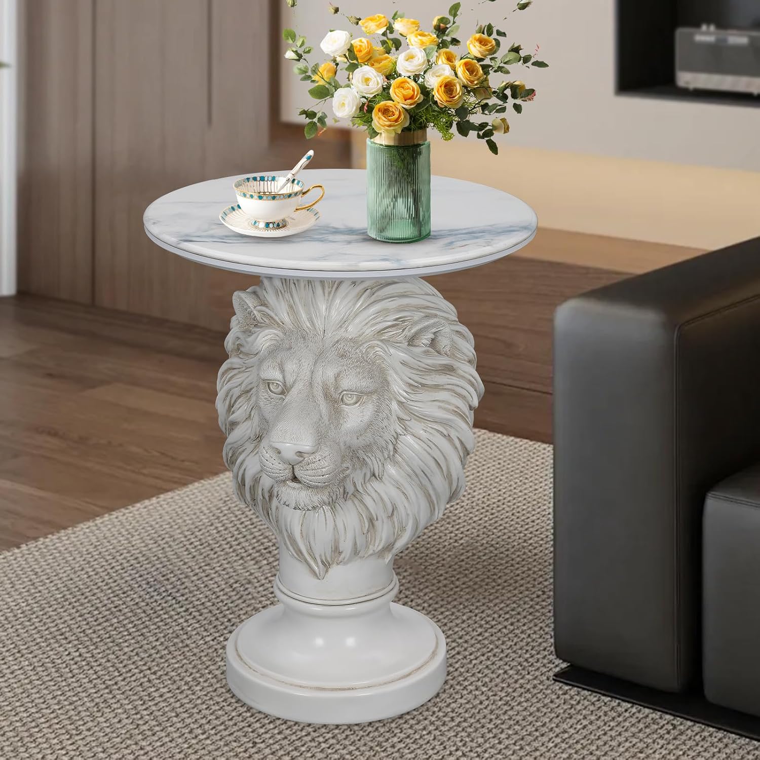 White Lion Head Sculptural Side Table with Faux Marble Top, 19.68' Round Resin Animal End Table, 25.59' H Majestic Accent Table for Living Room & Entryway, Regal Housewarming Gift