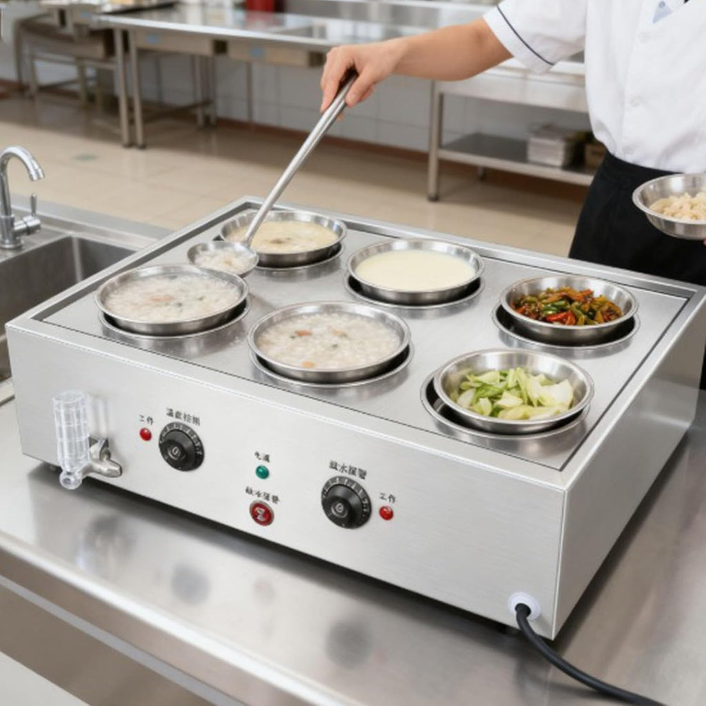 Temperature Control Large Capacity Bun Steamer, Multifunction Commercial Home Kitchen Appliance Electric Steam Pot Dry Boiling Alarm for Breakfast Shop, School,6 Holes