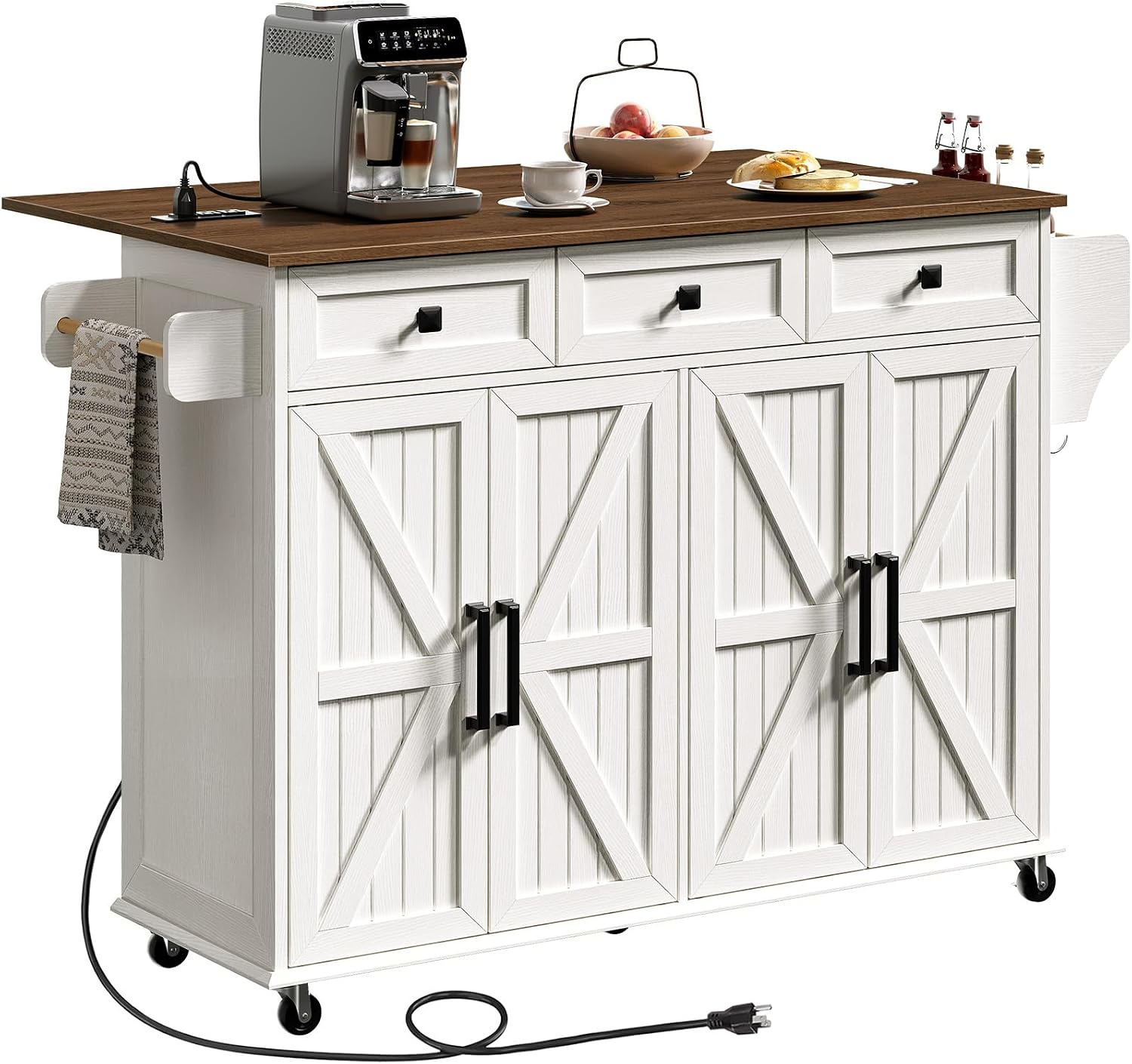 RALGEND Kitchen Island with Drop Leaf & Power Outlet, Rolling Kitchen Island Cart On Wheels, Barn Door Kitchen Island Table with Storage and Tower Rack, Island Table for Kitchen, White and Walnut