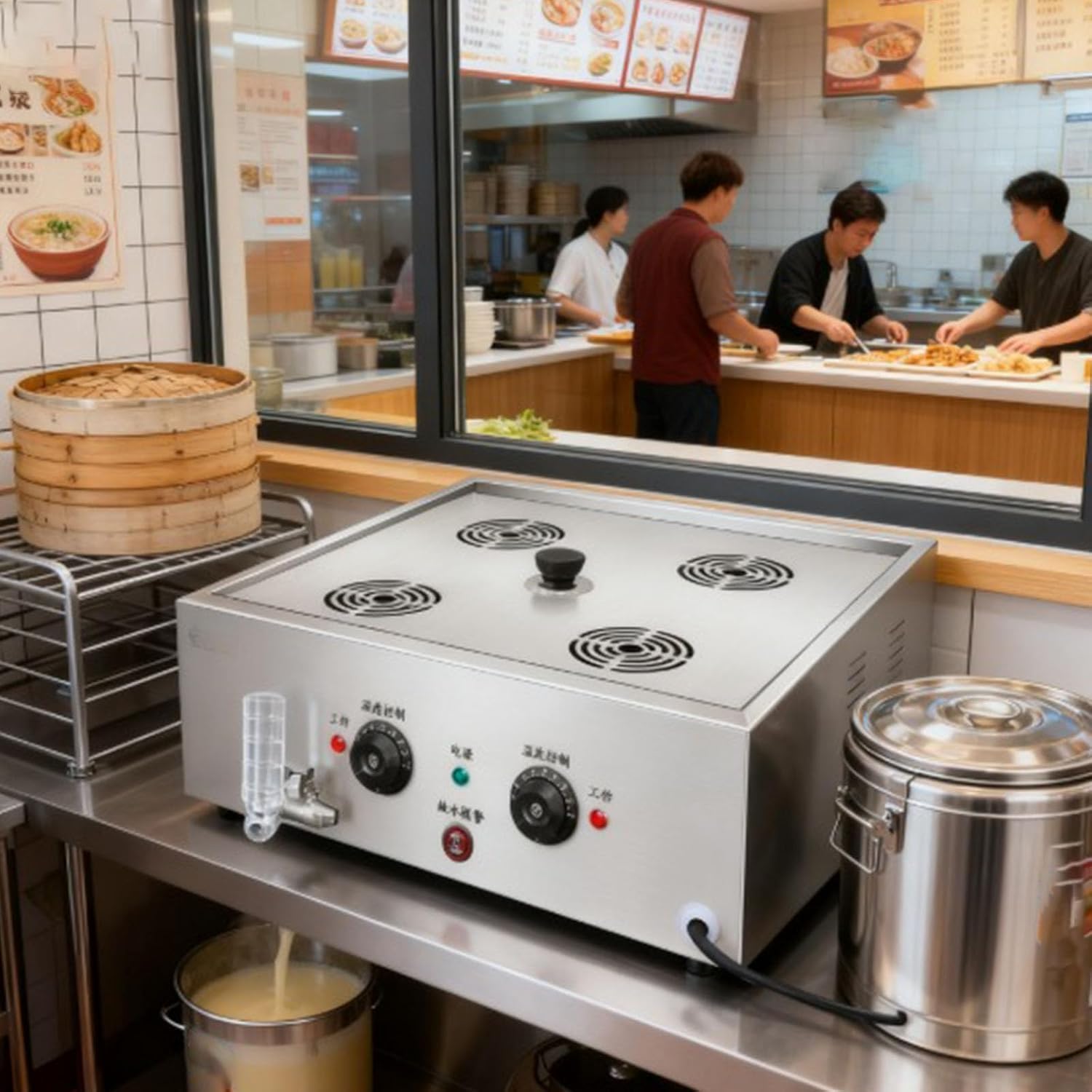Temperature Control Large Capacity Bun Steamer, Multifunction Commercial Home Kitchen Appliance Electric Steam Pot Dry Boiling Alarm for Breakfast Shop, School,4 Holes