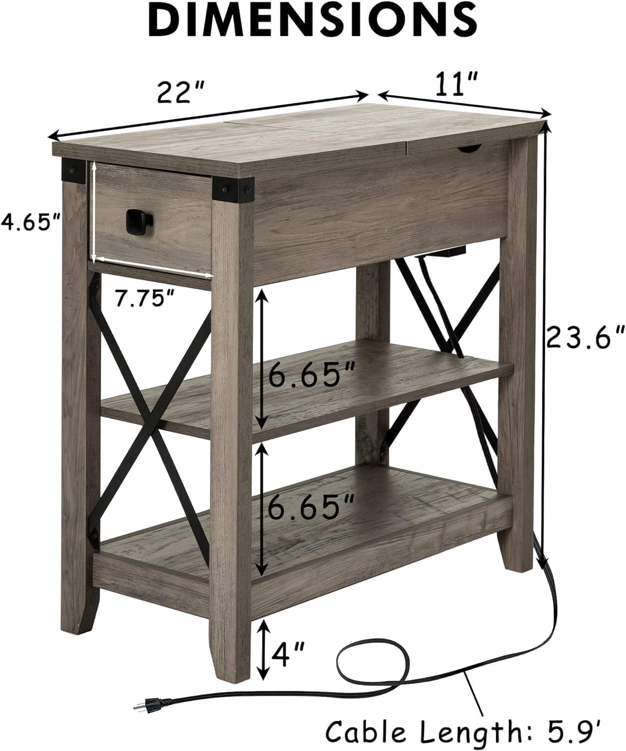 Awescuti Narrow End Table with Charging Station - Farmhouse Slim Side Table Set of 2, w/USB Ports Power Outlets, Nightstand w/Flip Top Storage Drawer, for Small Spaces Living Room Bedroom, Gray