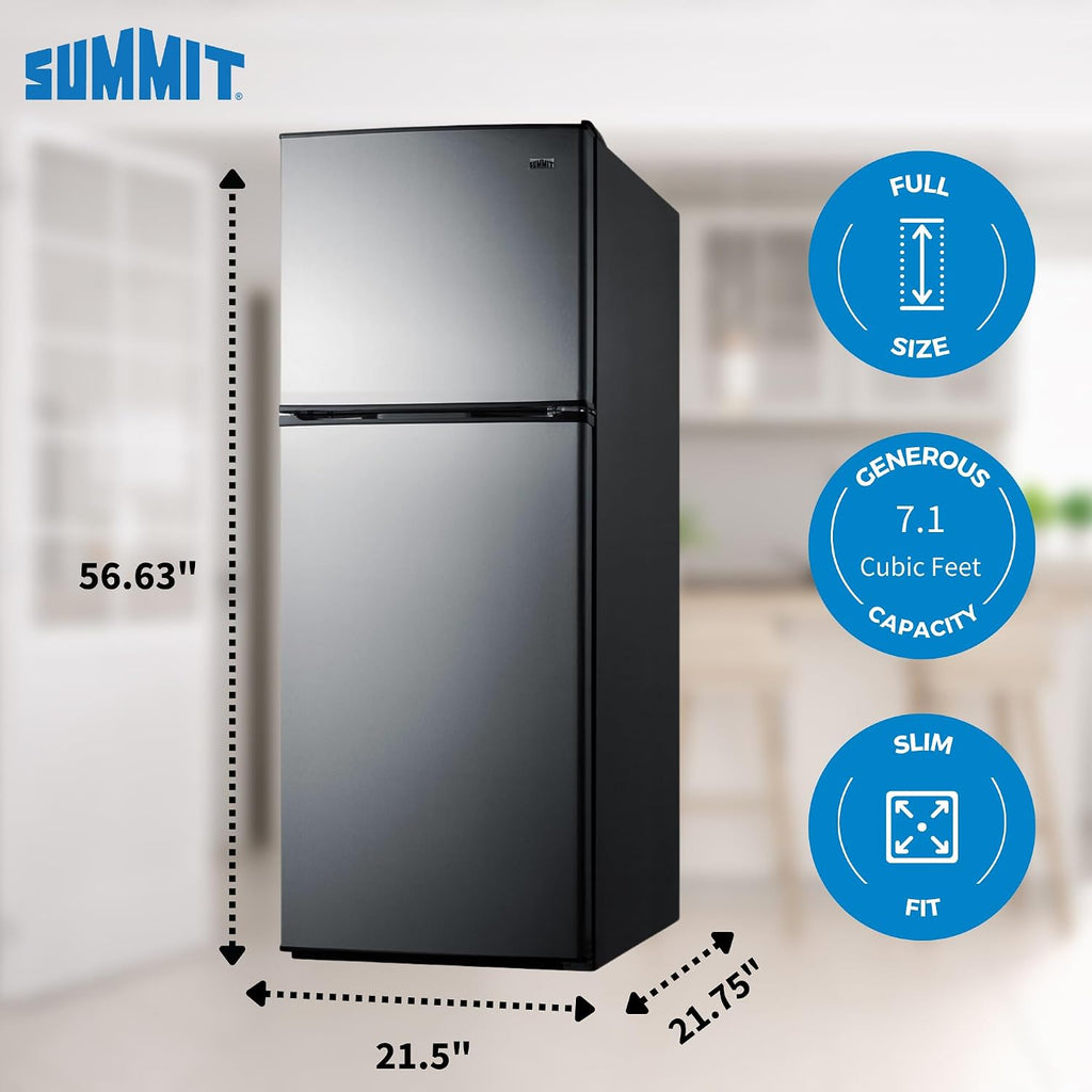 CP972SS Refrigerator-Freezer 22' Wide Refrigerator-Freezer; Cycle Defrost; 7.1 Cu.Ft.; Stainless Steel Doors; Adjustable Glass Shelves; Door Storage; Sealed Back and Black Cabinet