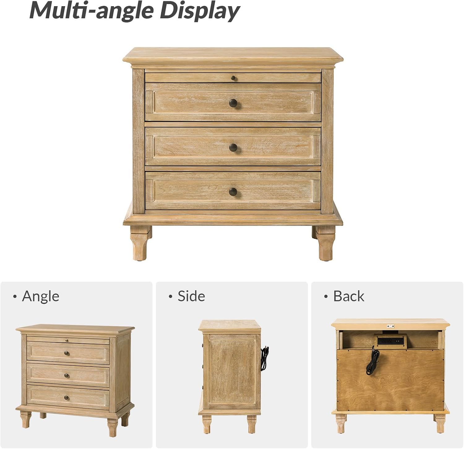 HULALA HOME Farmhouse 3 Drawer End Table with Tray, Drawer Organizer with Solid Wood Legs, End Table with Charging Station（Natural）