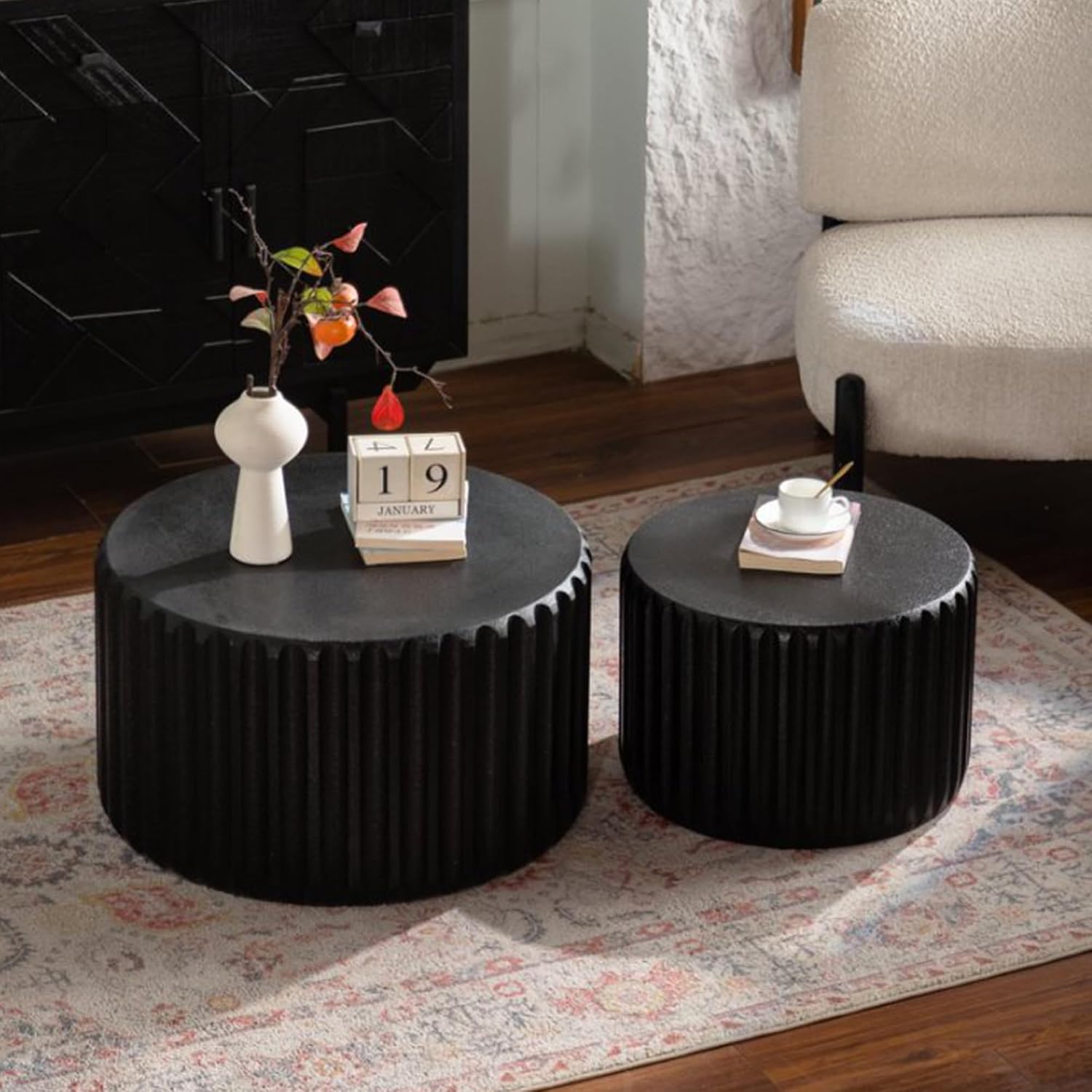 WILLIAMSPACE 46.46' Round Nesting Coffee Table Set of 2, Modern Circle Drum Center Tables Curved-Edge Shape Tea Table for Living Room, No Assembly (Black)