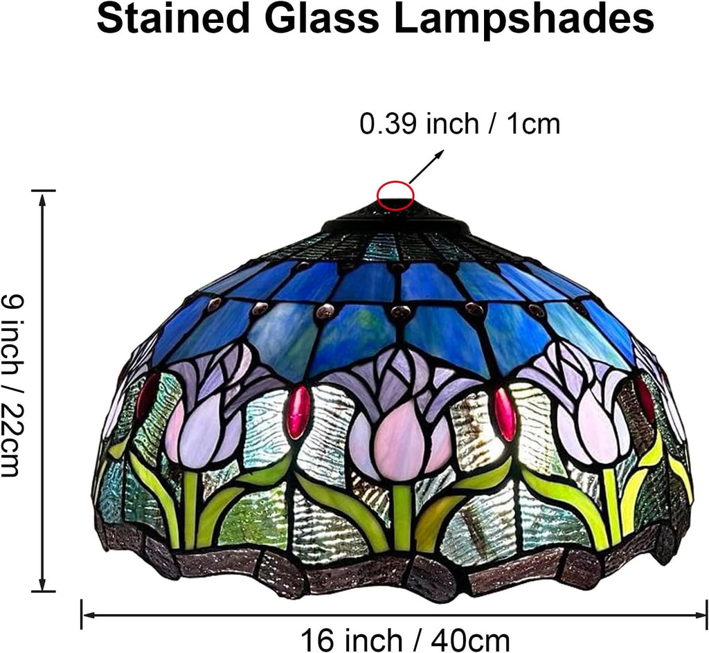 16 Inch Tulip Stained Glass Lampshades, Tiffany Replacement Lamp Shade, Only Handmade Retro Glass Shade Replacement for Table Lamp Pendant Light Floor Lamp Ceiling Fixture,Blue
