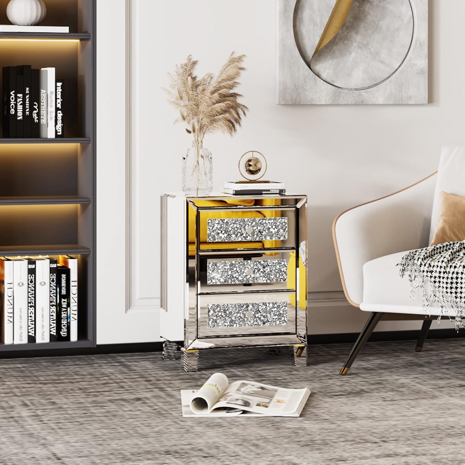VINGLI Mirrored Nightstand Set of 2, Mirrored Side/End Table for Living Room, Glass Silver Nightstand, Crushed Glass Mirror Night Stand, Contemporary Night Table Mirror Bedroom Furniture Set