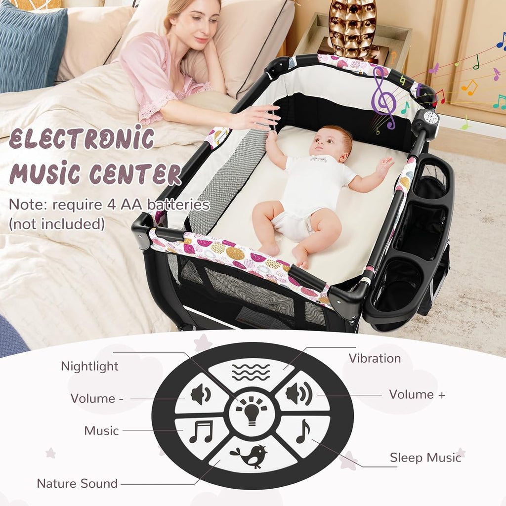 HONEY JOY Pack and Play, 4 in 1 Portable Baby Crib Playpen w/Bassinet, Changing Table, Canopy, Mattress, Music Box, Storage Bag, Foldable Pack n Play Nursery Center for Infant Boys Girls(Yellow)