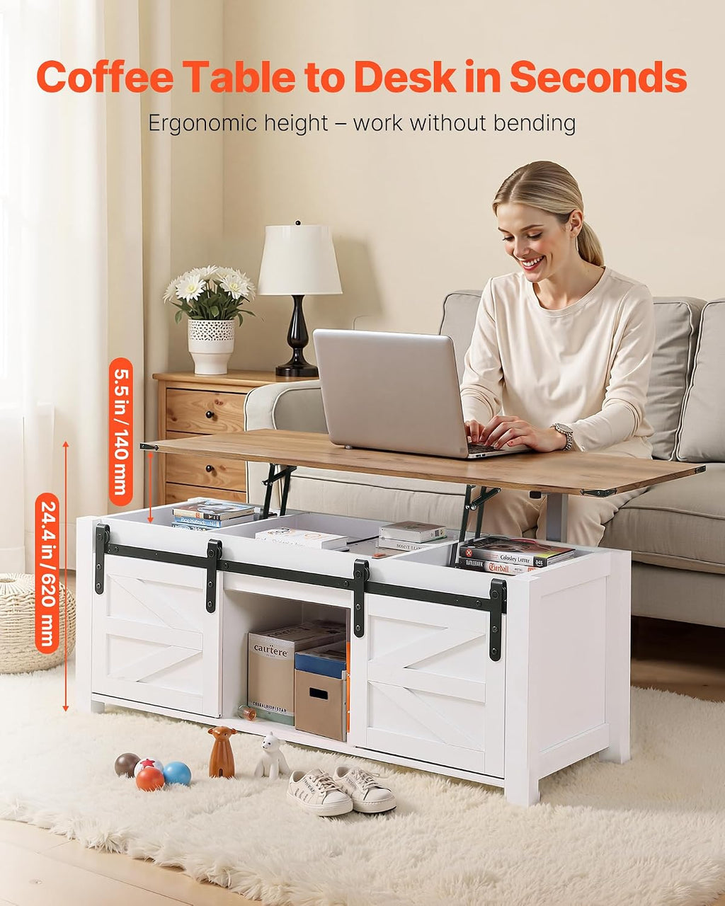 VEVOR 47.2'' Farmhouse Lift Top Coffee Table with Sliding Barn Door, Rustic Center Table with Hidden Storage Compartment, Rectangle Lifting Large Tabletop for Living Room, Office, Easy Assembly, White