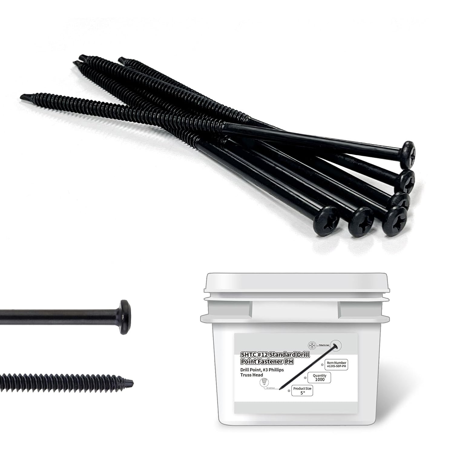 #12x5 Carbon Steel Roofing Screws - 1,000pc Phillips Truss Head Self Drilling Metal Screws for Sheet Metal Tools and Insulation Fastening
