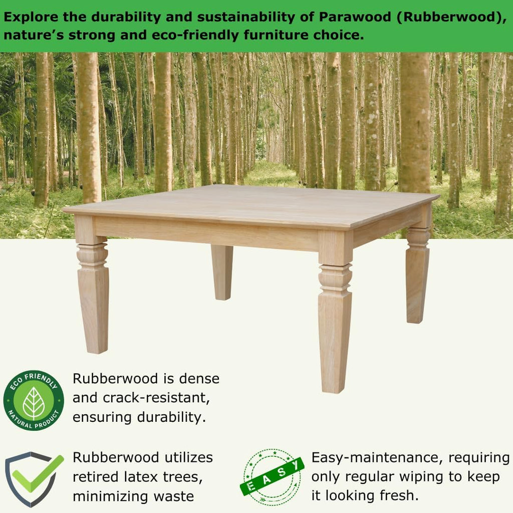 International Concepts, 18'H Java Square Coffee Table, Farmhouse, Living Room Furniture, Sturdy Solid Parawood, Paint or Stain in Any Color, Easy Assembly, Unfinished