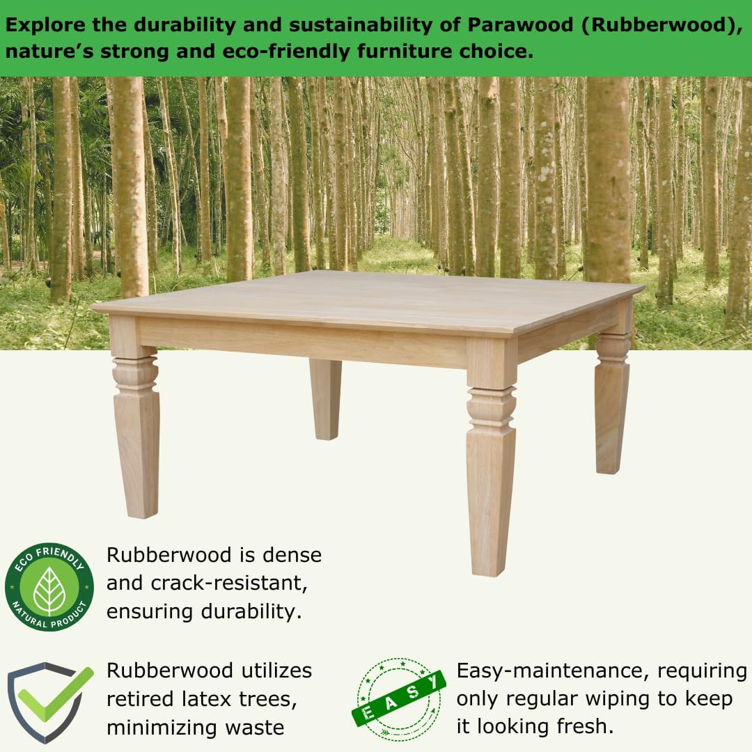 International Concepts, 18'H Java Square Coffee Table, Farmhouse, Living Room Furniture, Sturdy Solid Parawood, Paint or Stain in Any Color, Easy Assembly, Unfinished