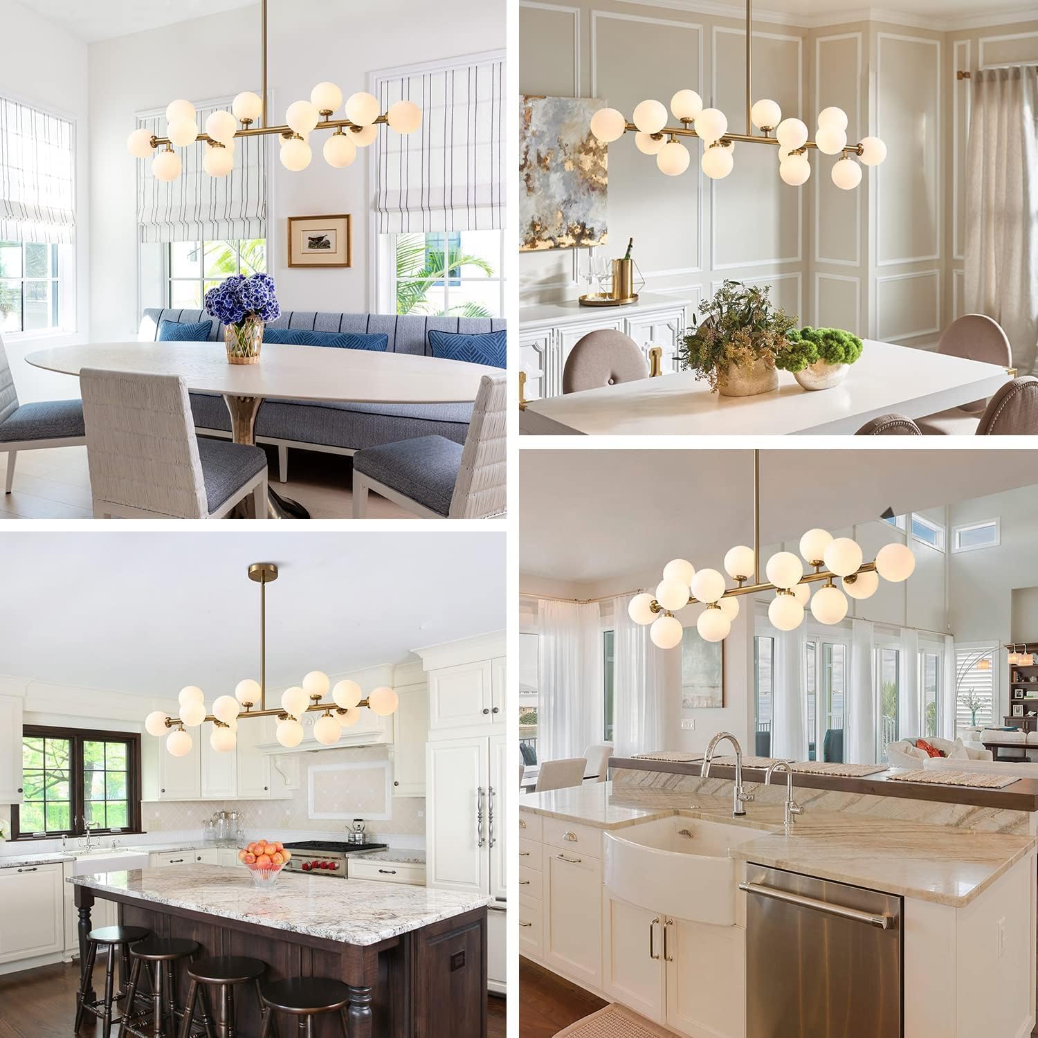Gold Dining Room Chandelier Over Table Mid Century Modern Chandelier White Glass Globe Lampshade Linear Pendant Lighting Fixture for Living Room Dining Table 16 Lights