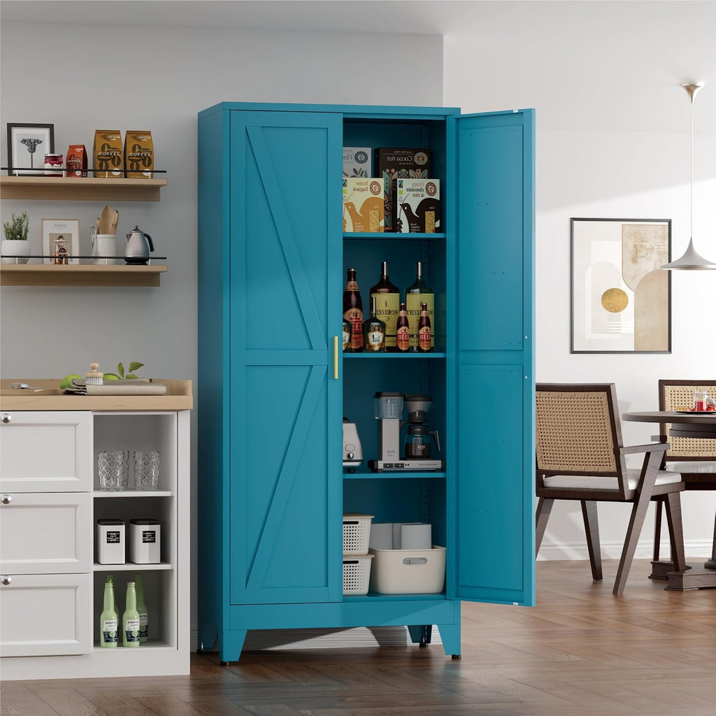 Farmhouse Pantry Cabinet with Barn Doors,61' H x 27.5' W,Metal Cabinet with Adjustable Shelves,4-Tier Storage Cabinet for Kitchen Dining Room Garage,Blue 1 Pack