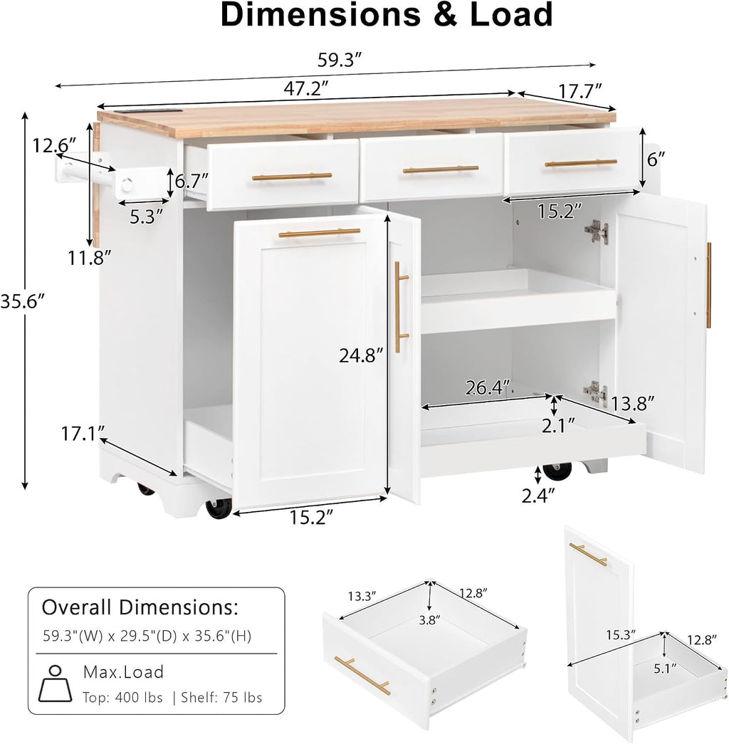 Kitchen Island Cart with Solid Wood Top, Mobile Carts with Storage Cabinet, Rolling Kitchen Table with Trash Can Storage, Power Outlet, Spice & Towel Rack, Portable Islands on Wheels, White