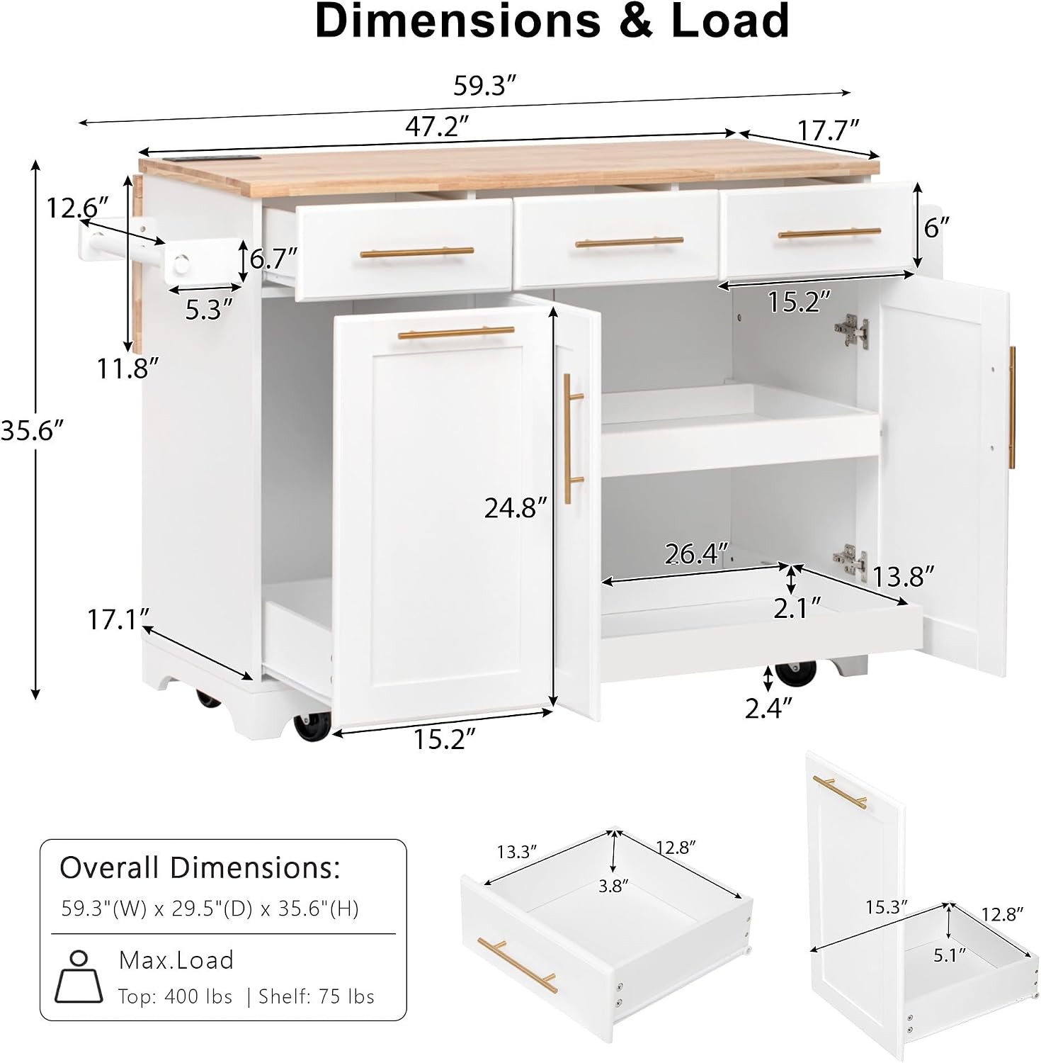 Kitchen Island Cart with Solid Wood Top, Mobile Carts with Storage Cabinet, Rolling Kitchen Table with Trash Can Storage, Power Outlet, Spice & Towel Rack, Portable Islands on Wheels, White
