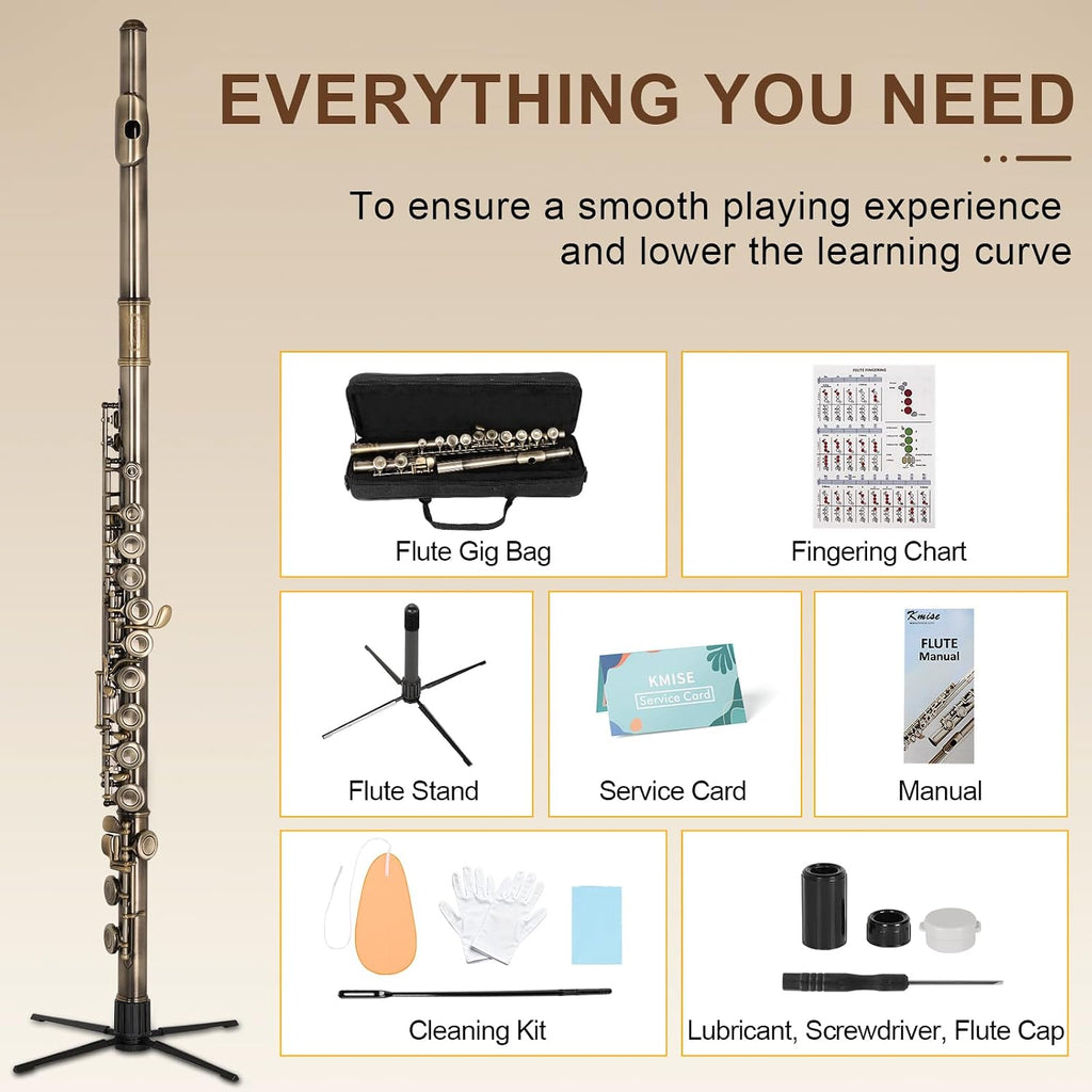 Kmise Closed Hole C Flute, Responsive Flute Instrument, Premium and Durable Flutes with Gig Bag, Collapsible Stand, Beginner's Guide, Cleaning Kit - Effortless for Beginners, Students (Bronze)
