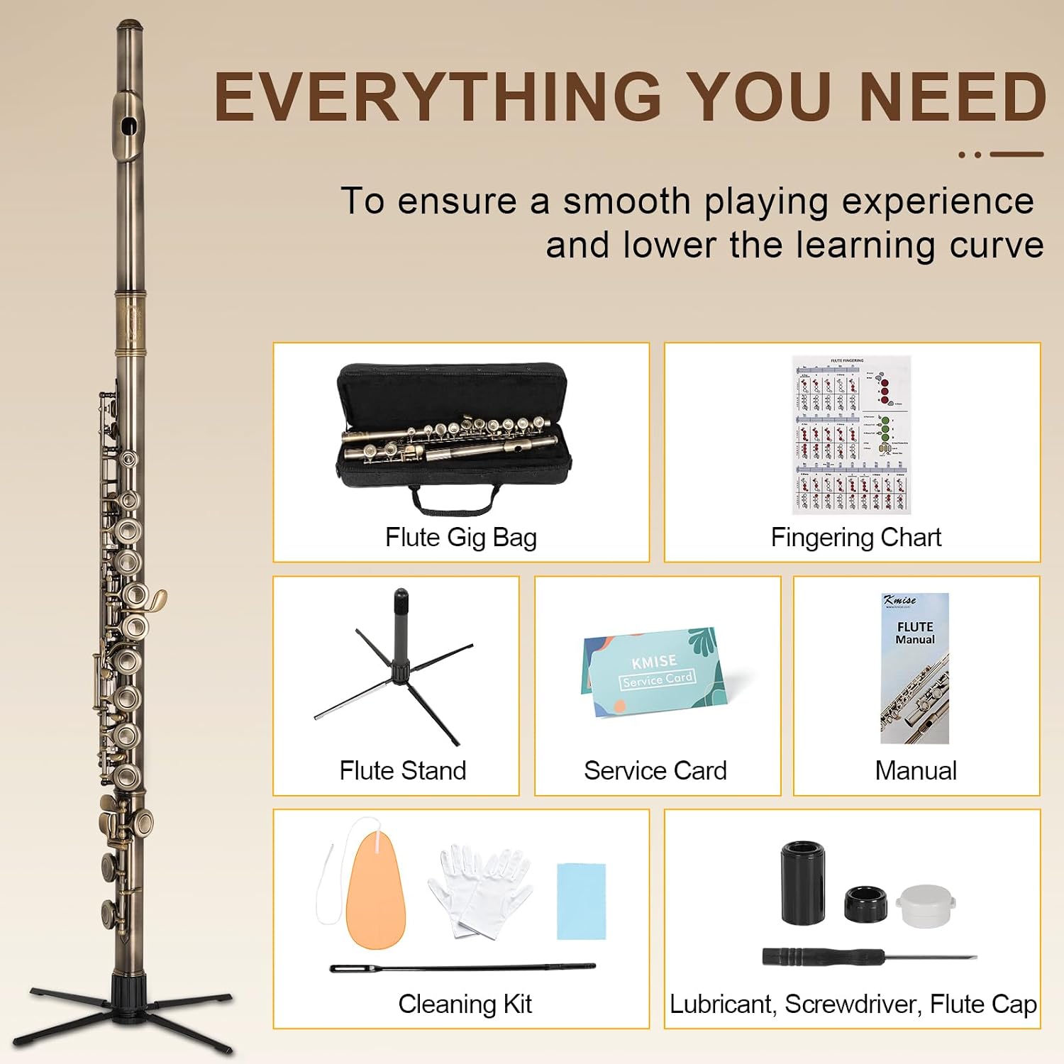 Kmise Closed Hole C Flute, Responsive Flute Instrument, Premium and Durable Flutes with Gig Bag, Collapsible Stand, Beginner's Guide, Cleaning Kit - Effortless for Beginners, Students (Bronze)