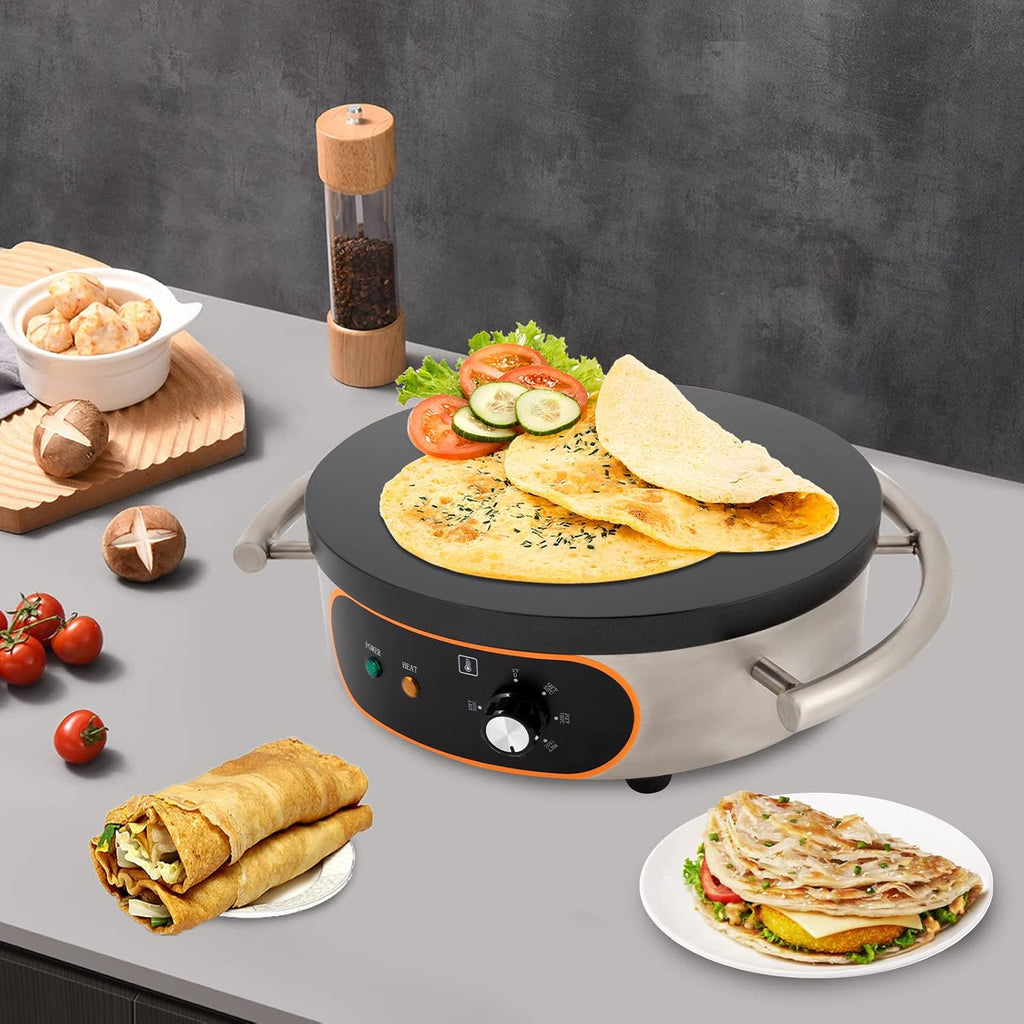 Commercial Crepe Maker Thin Pancake Griddle Single Pan Mini Pancakes Machine Electric Frying With Spatula Non-Stick Hotplate Adjustable Temperature For Catering Industry Bakeries Cafes (16In)