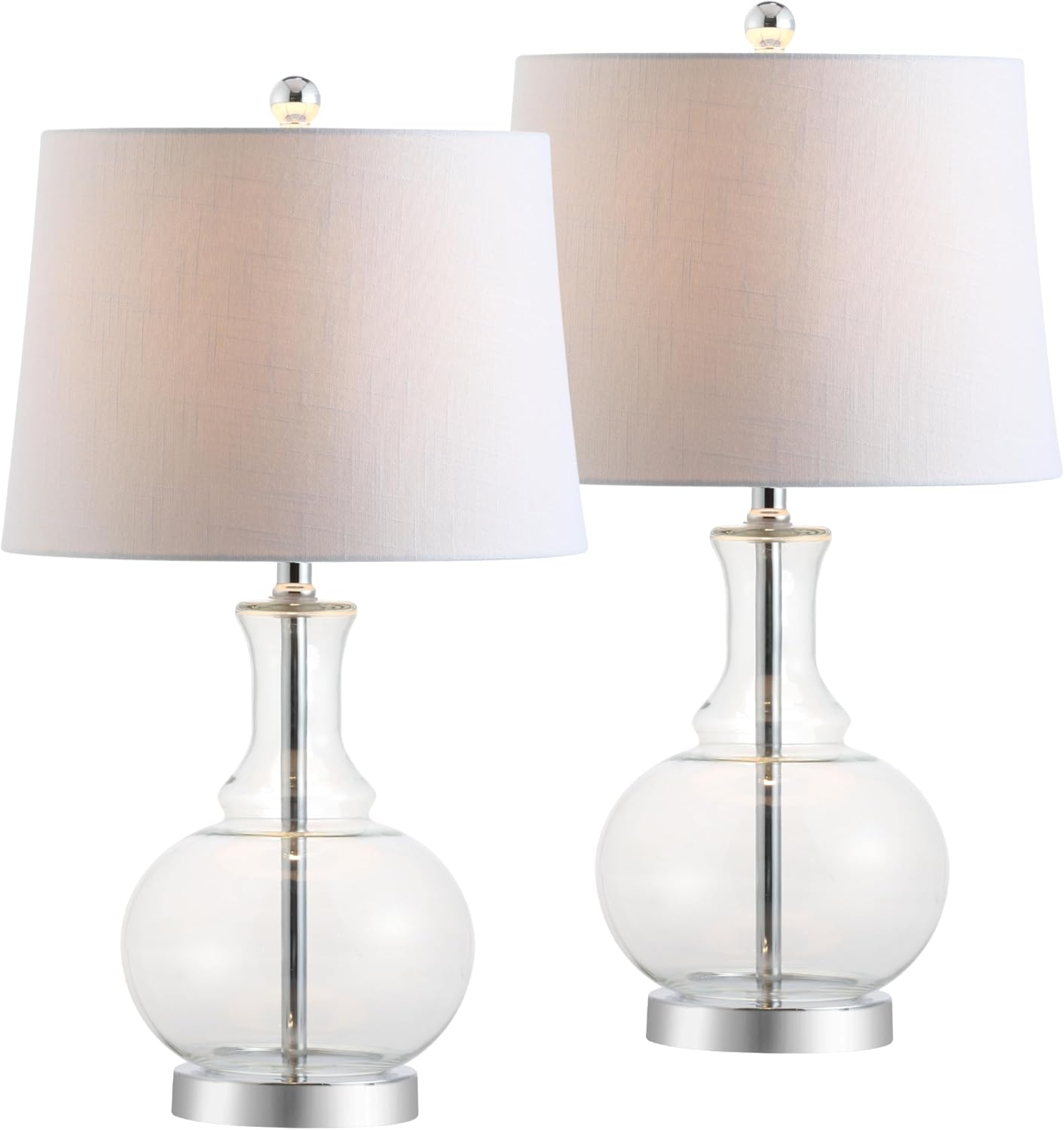 JONATHAN Y 25' Clear/Chrome and Brass Gold Glass Table Lamp Set of 2 for Bedroom, Modern Bedside Lamp for Living Room Nightstand, White Linen Drum Shade, LED Bulb Included (JYL1068B-SET2)