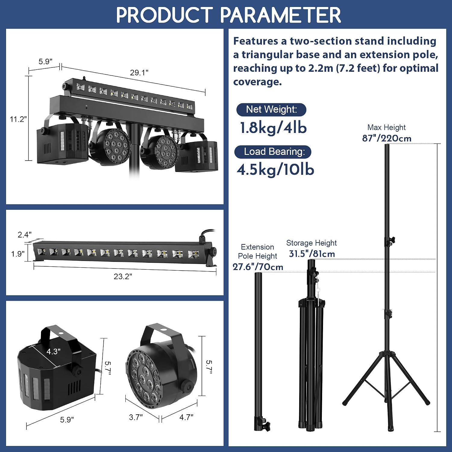 DJ Lights with Stand for Party | All-in-One LED Stage Lighting System for Weddings Club Gig Bar Band Disco Booth Live Show Events | Sound Activated & DMX512 | Portable 7FT Tripod