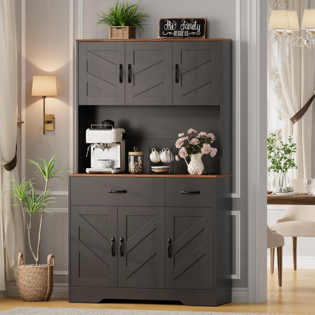 71' Pantry Cabinet with Charging Station, Kitchen Hutch Storage Cabinet with Countertop & Drawer, Farmhouse Food Pantry with Microwave Stand & Adjustable Shelves for Living Room, Dining Room, Black