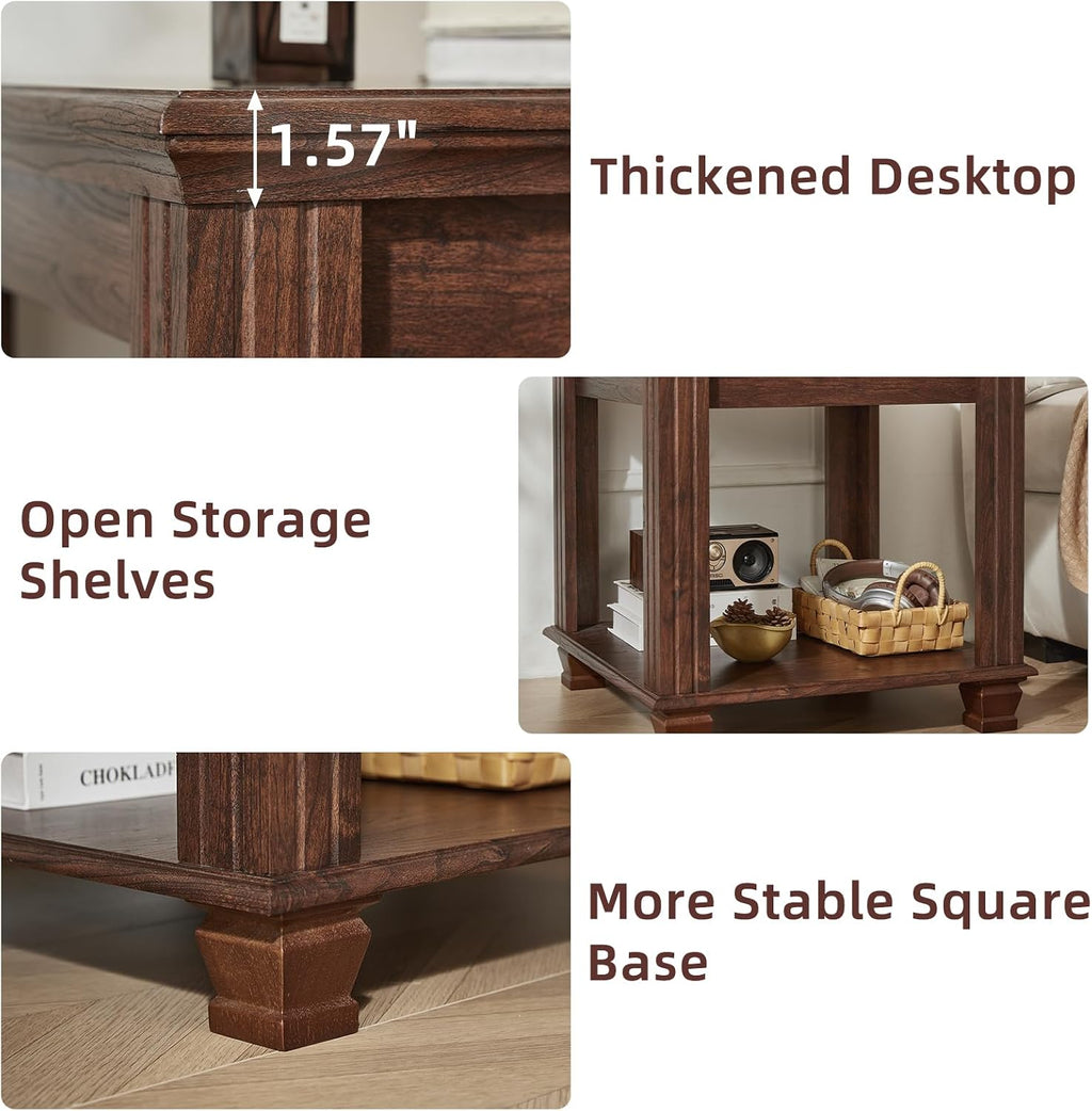 SAVOR LIFE Farmhouse End Table Set of 2,Large Side Table with 2-Tier Storage Shelf,Rustic Brown End Tables for Living Room,Square Tea Table,Walnut