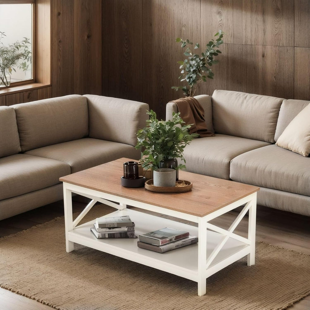 Sophia & William Farmhouse Coffee Table with Storage Shelf for Living Room, Ivory