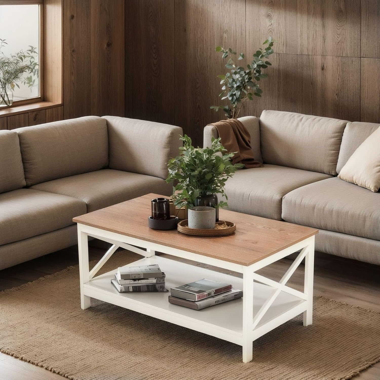 Sophia & William Farmhouse Coffee Table with Storage Shelf for Living Room, Ivory