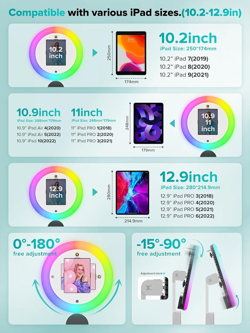 CyraTok iPad Photo Booth Stand, 22' RGB Light, Open Air Booth for Events | Music Sync Ring, APP AI Face Detection, External Printer Support, Fits 7.9'-13' Tablets, Flight Case