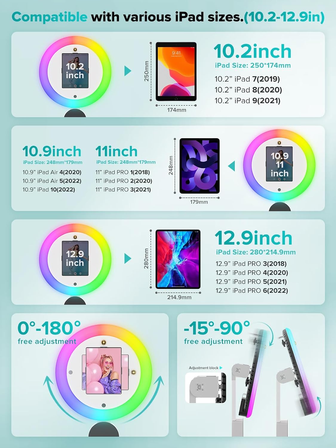 CyraTok iPad Photo Booth Stand, 22' RGB Light, Open Air Booth for Events | Music Sync Ring, APP AI Face Detection, External Printer Support, Fits 7.9'-13' Tablets, Flight Case