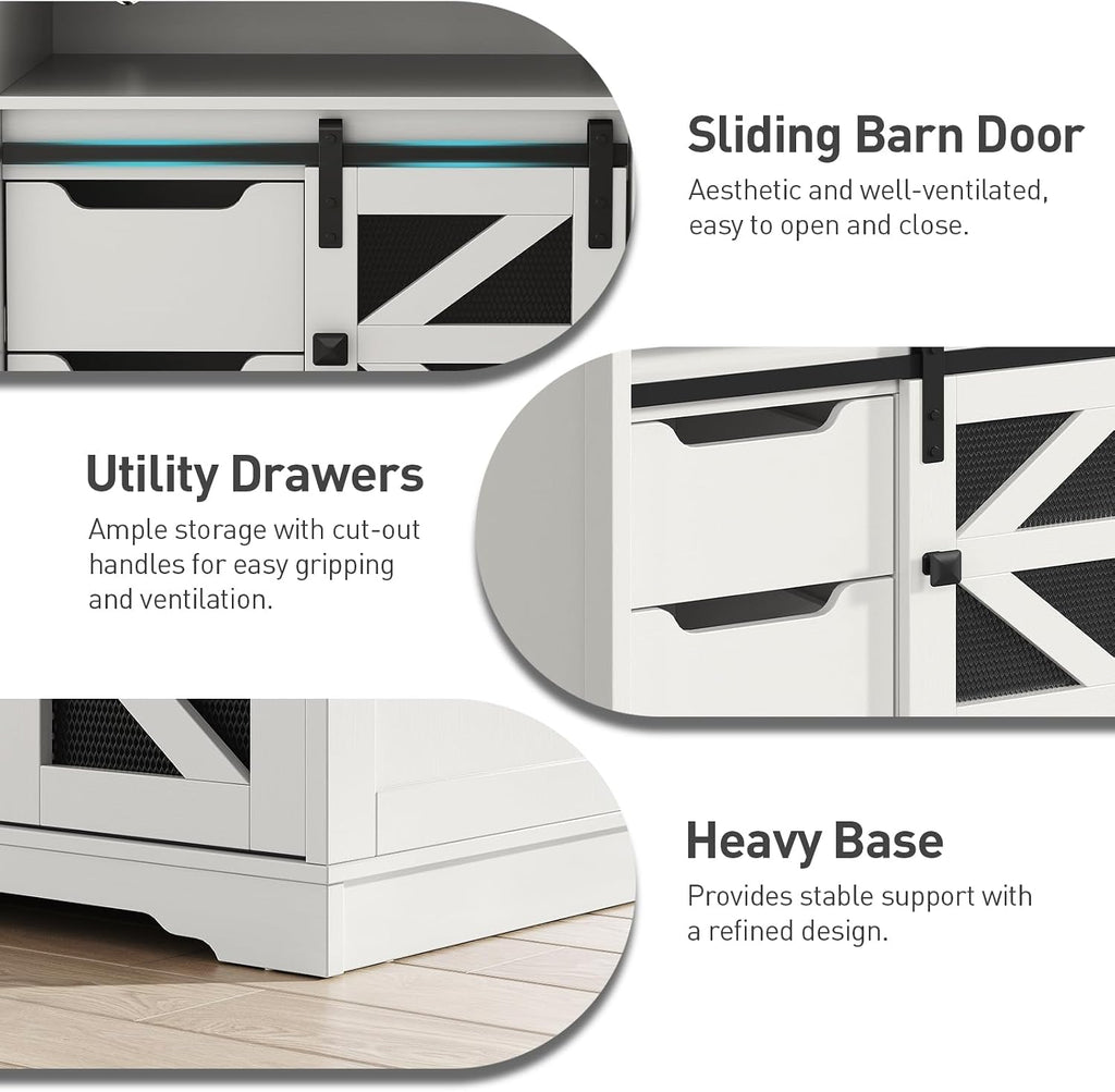 RALGEND Farmhouse End Table with Charging Station, Sofa Side Table with 2 Drawers and Barn Door, Rustic Wooden Nightstand Bedside Table for Bedroom, Living Room,White and Walnut