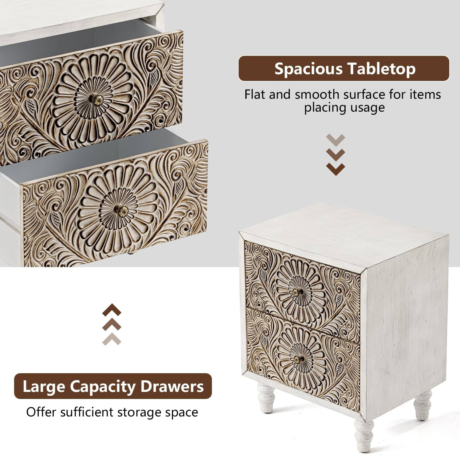 COSIEST Nightstand, 14' D x 18' W x 21.5' H MDF End Table with 2 Drawers, Vintage Style Wood Bedside Table, Bedroom Accessories for Home, Office, College Dorm