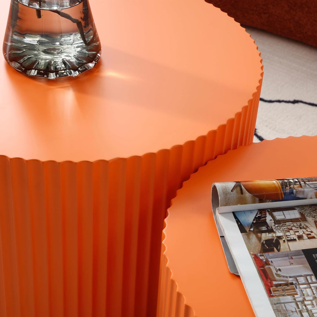 Nesting Coffee Table Set of 2, 23.6 inch Round Coffee Tables, MDF Nesting Tables with Roman Column Design, Modern Handcrafted Wooden Drum Accent Tables for Living Room - Orange