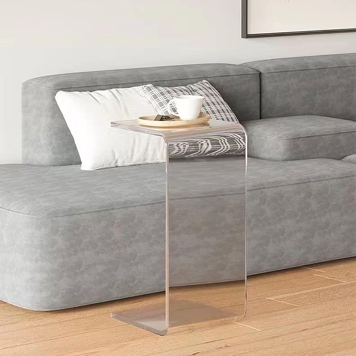 Acrylic C Table for Couch, 25.6 in Multipurpose C Shape Side Table Clear Acrylic Couch Table, Modern End Table Snack Laptop Holder, Slim Accent Sofa Side Table for Living Room Bedroom Patio