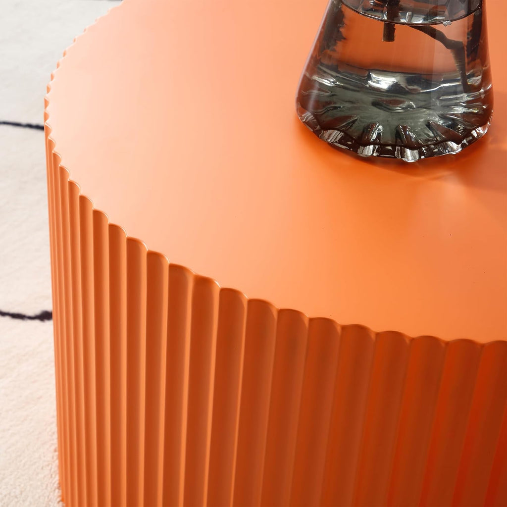 Nesting Coffee Table Set of 2, 23.6 inch Round Coffee Tables, MDF Nesting Tables with Roman Column Design, Modern Handcrafted Wooden Drum Accent Tables for Living Room - Orange