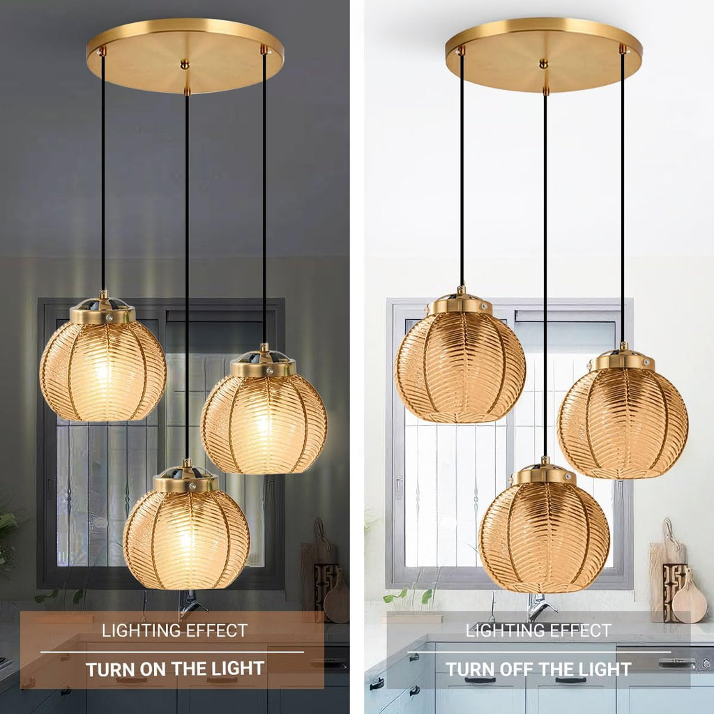 Glass Globe Chandelier 3 Light Cluster Pendant Light Fixture Black Gold Mid Century Modern Ceiling Lights Adjustable Height with Amber Glass Ball Shades Sputnik Chandelier Kitchen