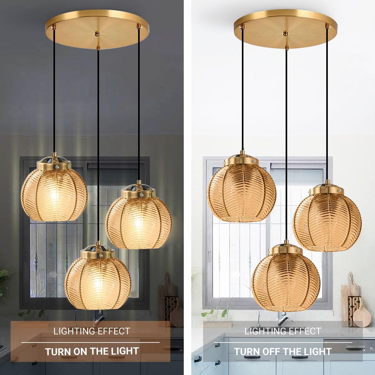 Glass Globe Chandelier 3 Light Cluster Pendant Light Fixture Black Gold Mid Century Modern Ceiling Lights Adjustable Height with Amber Glass Ball Shades Sputnik Chandelier Kitchen