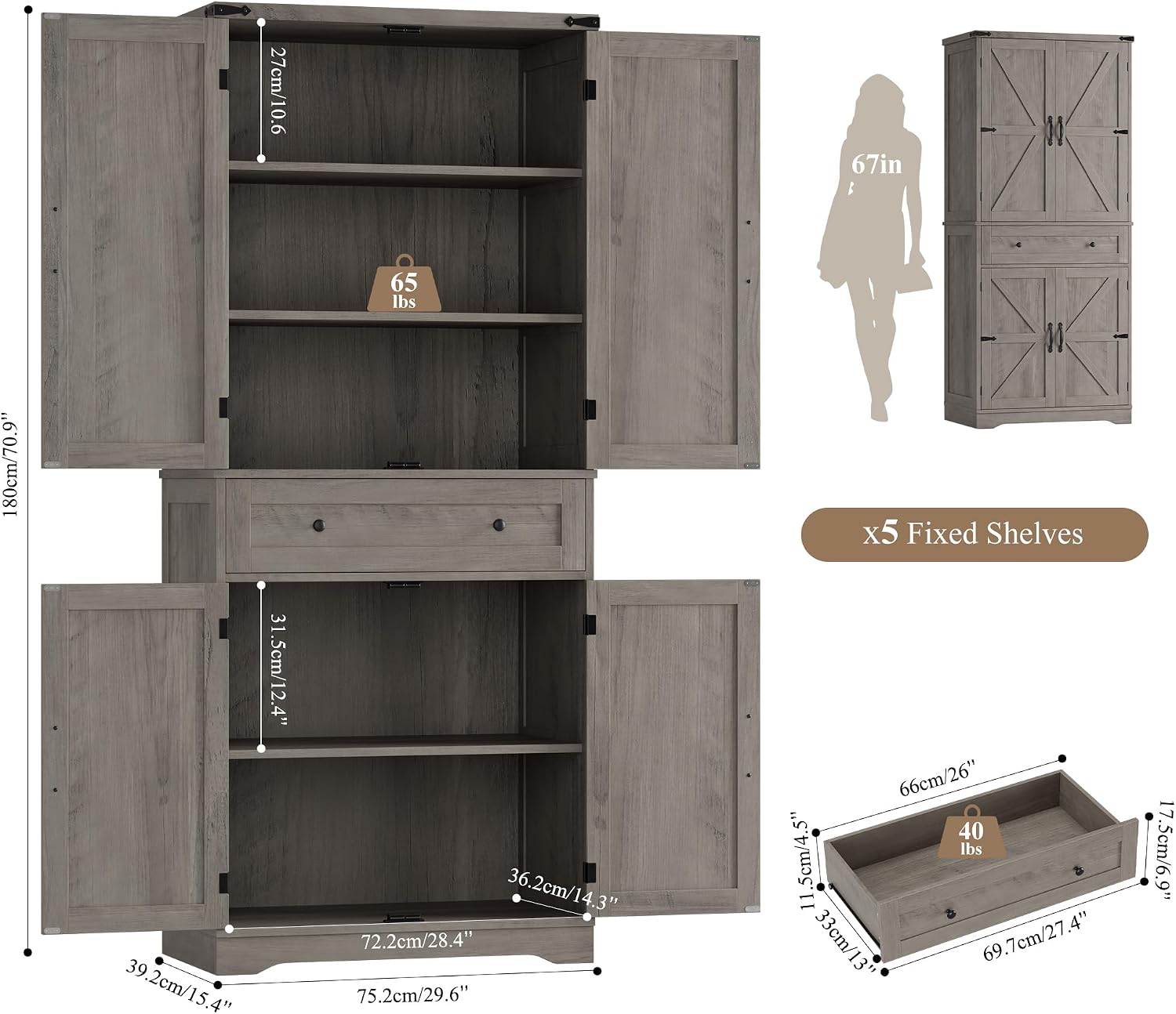 HOSTACK 71' Tall Pantry Cabinet, Farmhouse Kitchen Pantry with Storage Shelves, Barn Doors Food Storage Cabinet, Freestanding Kitchen Hutch with Large Drawer for Dining Room, Living Room, Ash Gray