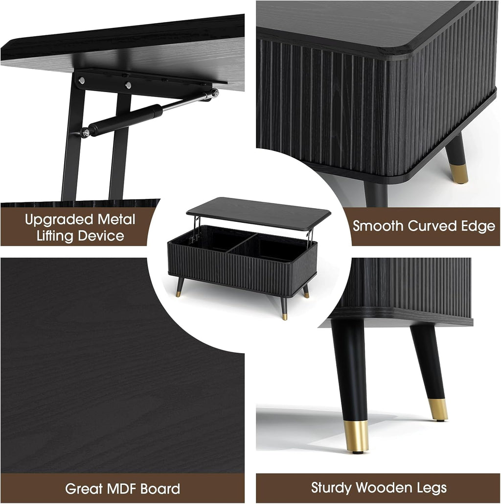 Lift Top Coffee Table with Storage, Modern Coffee Table with Solid Wood Legs, 38' Minimalist Fluted Center Table for Living Room, Home Office, Black