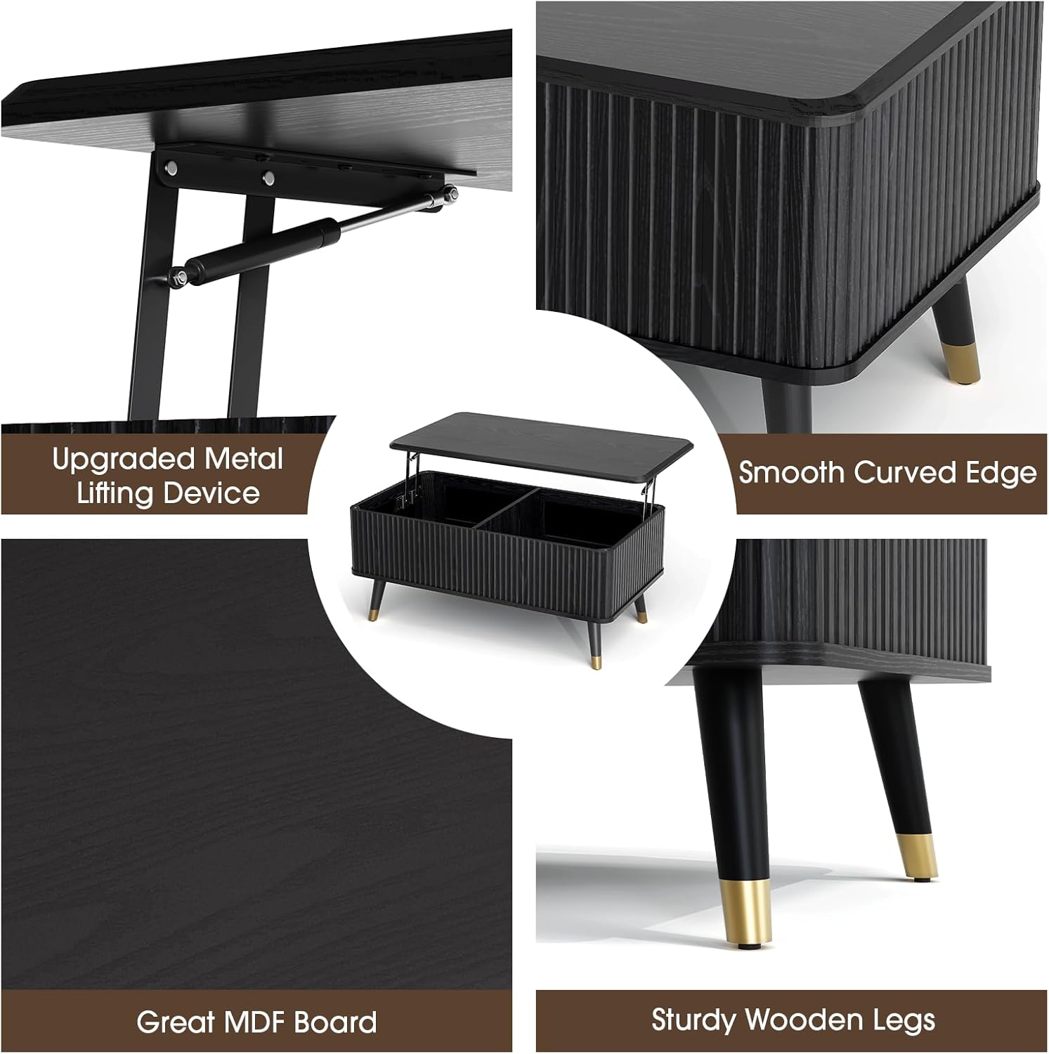Lift Top Coffee Table with Storage, Modern Coffee Table with Solid Wood Legs, 38' Minimalist Fluted Center Table for Living Room, Home Office, Black
